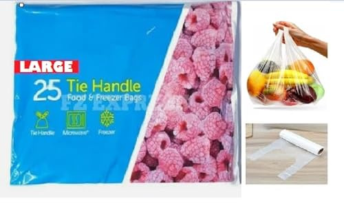 Strong FOOD Tie Handle Resealable Sandwich Freezer Bags Kitchen Storage Bags. For Fresh Food, Vegetables, Fruit, Meat, Meal Prep, Sandwiches For Home & Travel Use Freezer Safe (25, White, Large)