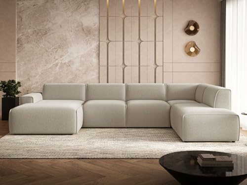 GRAINGOLD Belluno Ecksofa 378x220 cm, U-Form Sofa, Ecksofa für Wohnzimmer, Bouclé Stoff, 5-Sitzer Wohnlandschaft, Modernes Design (Beige, Rechts)