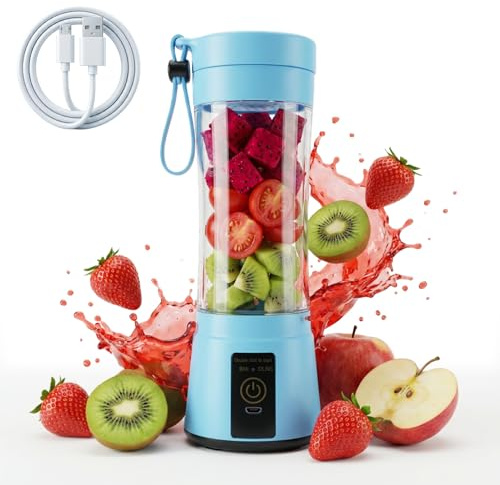 Portable Blender for Smoothies 380ml, 6 Upgraded 3D Blades Rechargeable | Blenders for Smoothies, Personal Travel Juicer Cup, Gym Office Outdoors, Blue, Stainless Steel, Kitchen