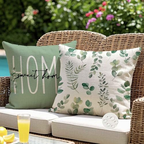 Kissenbezug 40x40 Outdoor Kissen Wetterfest Salbeigrün Eukalyptus Blätter Dekokissen Outdoorkissen Kissenbezüge Kissenhülle Gartenkissen Balkon Sofakissen Draußen für Garten Couch Wohnzimmer 2er Set
