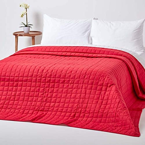 HOMESCAPES - 100% Coton Reversible Twin Colour Quilted Bedspread Throw - Red & White - Double 200 x 200 cm - Washable Bedding Sofa Throw