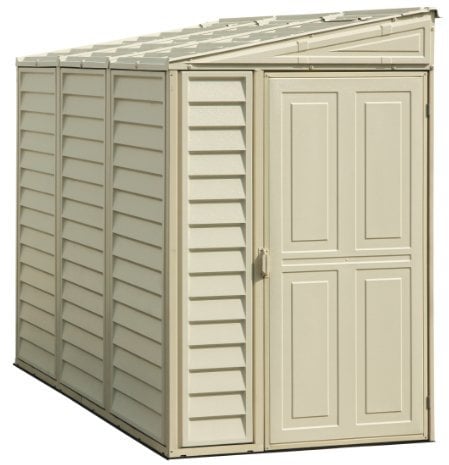 Duramax SideMate 4 x 8 (2.91 m²) abri de jardin en plastique avec kit de fondation en métal, porte réversible, structure de toit en métal robuste, abri en vinyle sans entretien - Ivoire