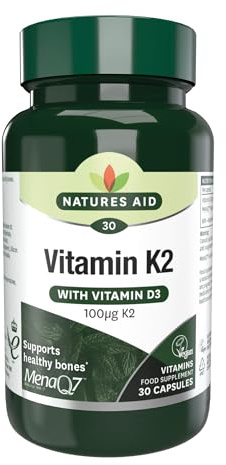 Natures Aid Vitamin K2 100mcg with Vitamin D3 – 30 Capsules | High Strength MenaQ7 Formula, Supports Bone Strength, Calcium Absorption & Muscle Function, Vegan, Gluten-Free
