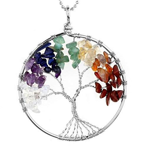Jovivi gemstone chakra pendant, tree of life pendant, with 56 cm chain, tree of life necklace for women and men 7 Stein
