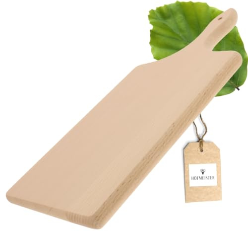 HOFMEISTER® Schneidebrett Holz mit Griff, 38 x 18 x 2 cm – Buche Griffbrett zum Schneiden und Servieren – klingenschonend und hitzebeständig, Handarbeit (1 Stück)