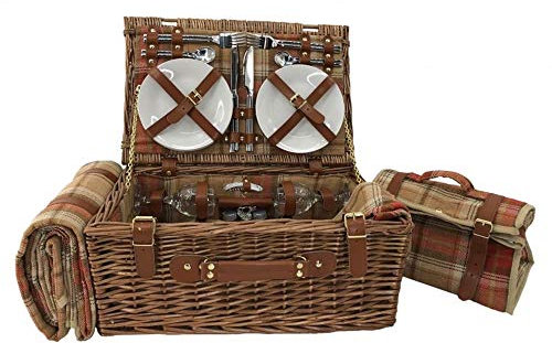Autumn Red Tartan 4 Person Fitted Picnic Basket with Cooler