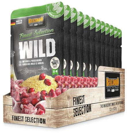 BELCANDO Frischebeutel [12x125g Wild mit Hirse & Preiselbeeren] | Nassfutter für Hunde | Feuchtfutter Alleinfutter im Einzelportionsbeutel