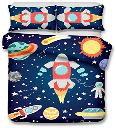 WENYA Bettwäsche Set Kinder Bettbezug und Kissenbezug 80x80, Bettbezug Set Junge Mädchen Galaxy Stars Rocket Plane Karikatur Schloss Regenbogen Roboter Blau Weiß Rot (Stil 4,155x220 cm)