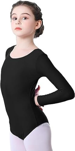 Langärmeliger Gymnastikanzug für Mädchen, glänzend, für Schule, Sport, Tanz, Turnanzug, glitzernd, athletischer Tanz-Body, Kleinkinder, Gymnastikanzug, Ballett, Schwarz , 5-6 Jahre