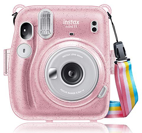 Fintie Tasche für Fujifilm Instax Mini 11 Sofortbildkamera - Transparent Hart PVC Schutzhülle Reise Kameratasche Hülle Abdeckung mit abnehmbaren Riemen, Schimmernd Rosa