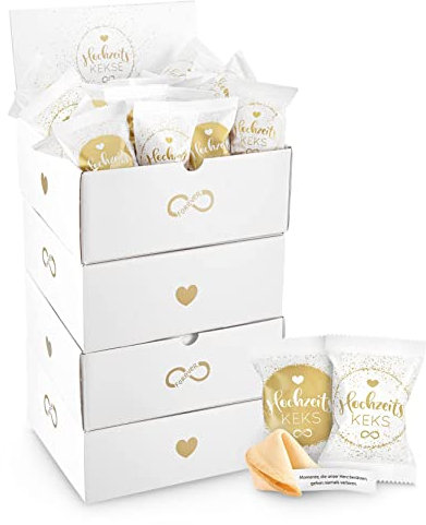 100er Box Hochzeits-Kekse (5 x hübsche 25er Aufsteller) | Glückskeks Hochzeiten als Hochzeitsdeko oder für die Candybar | frisch gebackene und vegane Idee & made in Germany/MHD 24.05.25