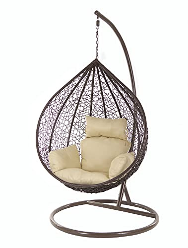 KIDEO Komplettset: großer Hängesessel mit Gestell & Kissen, XXL Größe,Korbsessel, Poly-Rattan, (Korb & Gestell: Dunkelbraun, Kissen: Hellbraun Nest (7007_capucchino))