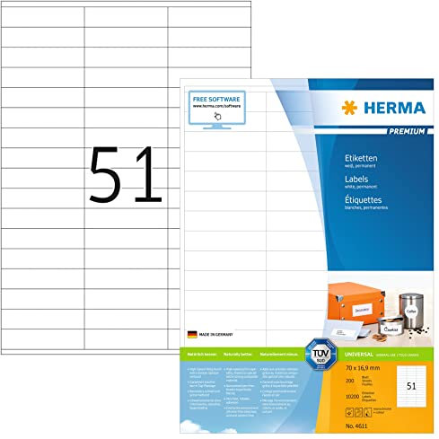 HERMA 4611 Universal Etiketten, 1600 Blatt, 70 x 16,9 mm, 51 pro A4 Bogen, 81600 Stück, selbstklebend, bedruckbar, matt, blanko Papier Klebeetiketten Aufkleber, weiß