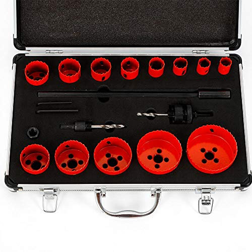 Fetcoi 17 tlg Bi-Metall Lochsäge Set 19-76 mm mit 13 Sägeblättern, Dosenbohrer mit Kunstoffkoffer, Lochbohrer Kernbohrer Satz für Holz Gipskarton Kunststoff, Rot