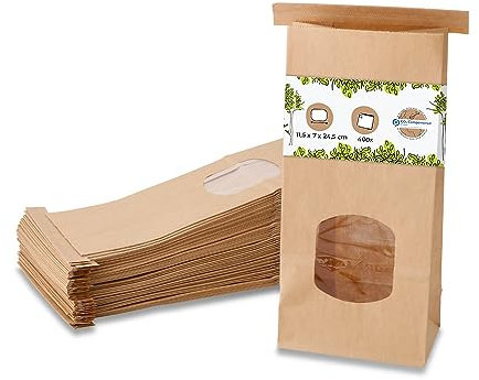 Bloc de sacs à fond plat taille M avec fenêtre & bande clip 400 pcs I en papier kraft brun avec fenêtre & revêtement en film PP I Sacs à biscuits, à thé, à pâtisserie...