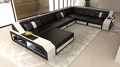 XXL Sofa Wohnlandschaft Matera U Form Leder - mit LED Beleuchtung, verstellbare Kopfstützen, Recamiere/Lederfarben wählbar/Ausrichtung Ottomane wählbar (Ottomane Links, Schwarz-Weiß)