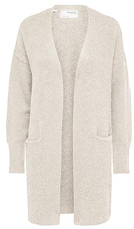 Damen Selected Lange Strickjacke mit Taschen | Open Stretch Casual Cardigan | Knitted Coat SLFLULU, Farben:Beige-2, Größe:XS