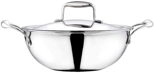 Nobel Stainless Steel Tri-Ply Deep Wok, Kadai with Lid, Induction Friendly Cooking Pan (18 cm - 1.1 Litre)