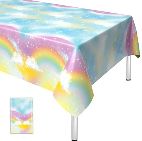 Regenbogen Tischdecke Geburtstag, Einweg Tischdecke Regenbogen Pastell, 108*54 Zoll Rechteck Wasserdicht Dünn Plastic Tischtuch für Kinder Mädchen Jungen Karneval Geburtstag Babyparty Party Dekoration
