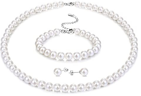 Morfetto Sterling Silber Perlenkette für Frauen Männer Weiße Runde Simulierte Muschel Perle Halskette Armband Ohrringe 8MM Choker Perle Halskette Set für Frauen Mädchen 16IN