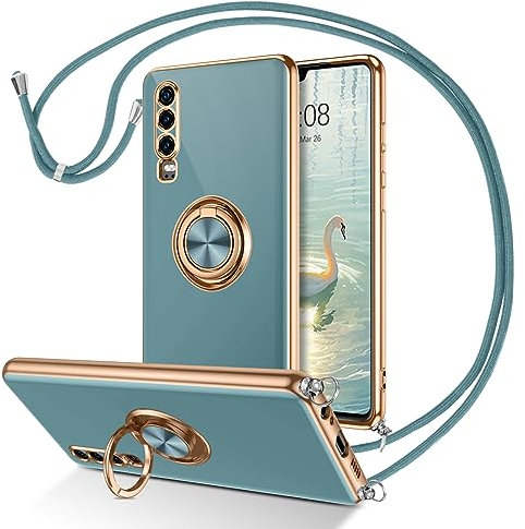 DUEDUE für Huawei P30 mit Band, Handykette Huawei P30 Handyhülle mit Band 360 Grad Ring Stoßfeste Schutzhülle Soft Silikon TPU für Huawei P30 Hülle Mit Ring Grau