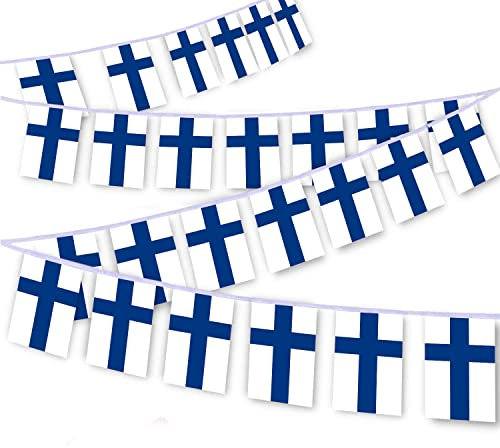 MacLand 30 Stück Finnland-Flaggenschnur, 91 m finnische Wimpelkette, Dekorationsbanner für Außen- und Innenbereich, Terrasse, Hof-Dekoration