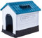 Lanco – Hundehütte für kleine Hunde mit verstellbarem Schiebedach. Innen- und Außenbereich mit Belüftung. Widerstandsfähiges Material. 68x55x66cm. Blau und weiß.