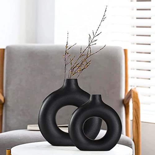 Keramik Vase, Schwarze Set of 2 Blumenvasen aus Keramik für Wohnungsdeko Trockenblumen Deko Vasen für Tischdecko mit Pampasgras, Zimmer Deko für Geschenk, Große Mittelgroße