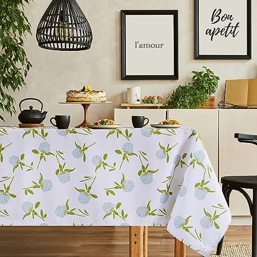 Deconovo Tischdecke Frühling Lotuseffekt Tischwäsche Wasserabweisend Tischtuch Happy-Designermuster Umweltfreundlich, 140x240 cm, Weiß Grün, 1 Stück
