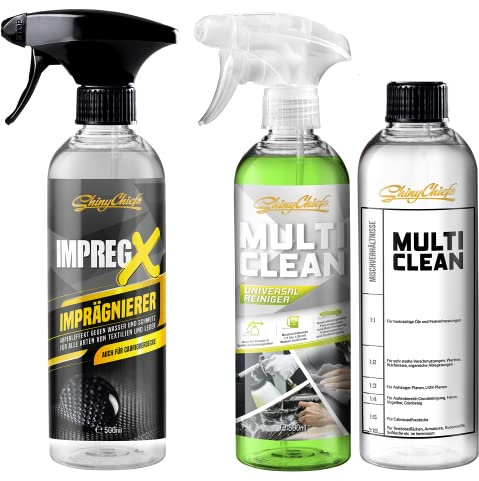 ShinyChiefs IMPREG X + MULTI CLEAN SET - Auto Allzweckreiniger für alle Oberflächen - Allesreiniger mit Mischverhältnisflasche + Wasserabweisendes Textil- und Leder Imprägnierspray, 3 x 500ml