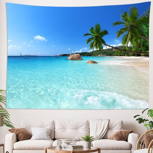 Skcess Ozean Strand Wandteppich, Polyester Tapestry Blauer Himmel 240x220CM, Natur Wandbehang für Wohnzimmer Wohnheim Heimdekoration