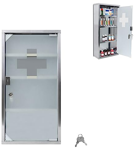 VA-Cerulean Medizinschrank,Apothekerschrank mit Abschließbar Magnetischer Glas Tür, 30x12x57.5cm,Arzneischrank, Medikamentenschrank Hängeschrank inkl. 2 Schlüsseln(Silber, 4 Fächer)