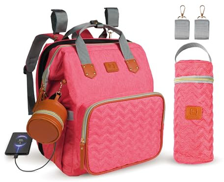 Quino & Co Sac à dos à couches pour poussette avec berceau extensible pour femme et homme (unisexe) avec crochets, housse pour biberon, tétine USB | Cadeau pour bébés nouveau-nés, rose, M
