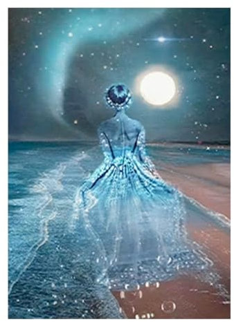 SHEGZHUC Diamond Painting Tanzende Frau 40x50cm 5D Diamant Painting Erwachsene Ballerina Ballett Strand Meer Mond Elfen Feen Prinzessin Landschaft