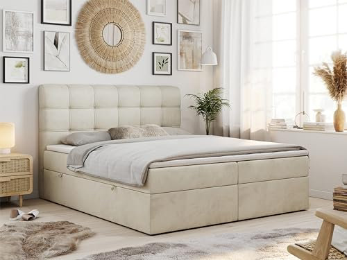 MKS MEBLE Boxspringbett 160x200 mit Matratze, Bett 160x200 mit Multipocket - Matratze H4 und Topper, Polsterbett 160x200 mit Bettkasten und Kopfteil, Fast - Beige Monolith