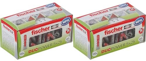 fischer DUOPOWER 5 x 25, Universaldübel, leistungsstarker 2-Komponenten-Dübel, Kunststoffdübel zur Befestigung in Beton, Ziegeln, Stein, Gipskarton uvm., ohne Schrauben, 100 Stück (Packung mit 2)