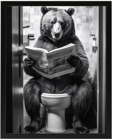 Bär auf WC, Poster 40cm x 50cm mit Rahmen, Toilette Badezimmer Deko, Wand-Deko Bilder Lustiges Geschenk