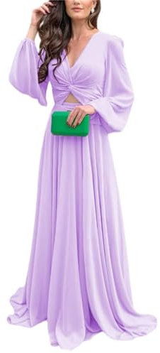 HPPEE Langärmeliges Landhauskleid für Hochzeit, Brautjungfer, V-Ausschnitt, Chiffon, Abendkleid, Maxikleid für Damen, WYX502, Flieder, 56 Plus
