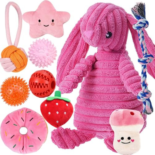 10Pcs Hunde Kauspielzeug, Quietschende Plüsch Hundespielzeug, Hundspielzeug Ball, Welpe Zahnen Spielzeug, Hund Seil Spielzeug für Langeweile, Hundespielzeug für Kleine Mittlere Hunde