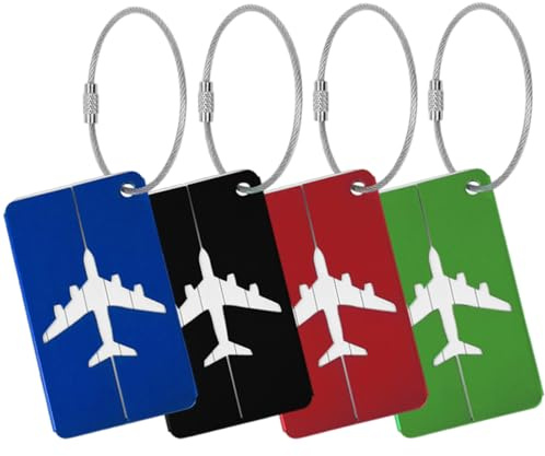 KINDOYO 4 Pièce Etiquette Valise - Etiquette Bagage Aluminium Étiquette Valise Avion Porte Nom Valise avec Cordon Inox pour Valise Bagages Sacs à Dos Voyages