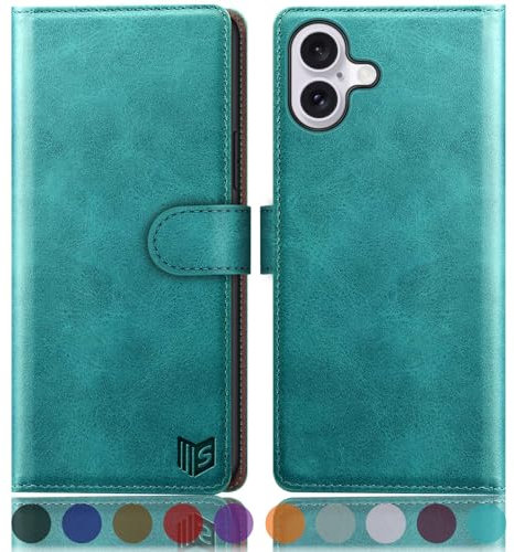 SUANPOT compatible with iPhone 16 6.1 case with [Credit Card Holder][RFID Blocking],PU Leather Flip Book Protective Cover Women Men for Apple 16 Phone case Blue Green