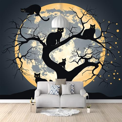 3D Panoramique Papier Peint Intissé 250x175cm, Chat Noir De Lune D'Halloween Murale Poster Photo Tapisserie Murales pour Salon, Chambre, Décoration Murale Sombre