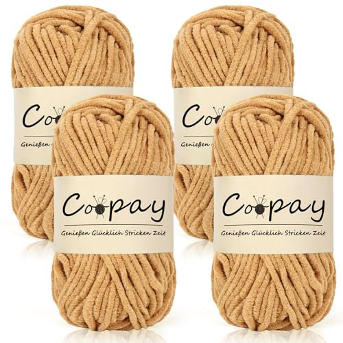 Coopay Chenille Chunky Wolle zum Häkeln Dickes Garn, 4 x 50g Dicke Wolle zum Stricken, Super Flauschig Weiches Wolle für Babydecke, Grobes Chenille-Garn für Hüte, Schals, Socken, Taschen - Khaki