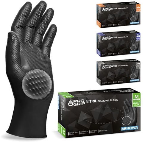 200x PROGRIP Einweghandschuhe Diamant Grip Schwarz, Nitrilhandschuhe M | Einmalhandschuhe Extra Stark, Handschuhe Einweg griffig, latexfreie Arbeitshandschuhe für Werkstatt & Montage M, L, XL, XXL