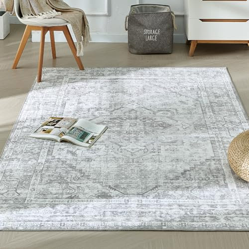Xfrog Machine Washable Rug Vintage Area Rug for Living Room Non-Slip Traditional Rug Carpet for Office Kitchen Dining Grey 80x150CM