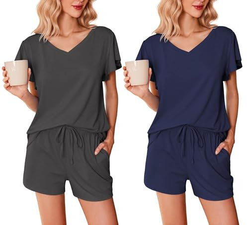 Ekouaer Pijama Mujer Verano Pijama Corto Mujer Paquete de 2 Mangas con Volantes Escote en Pico Suave Camiseta y Pantalón Corto, Gris Oscuro + Azul Marino, L