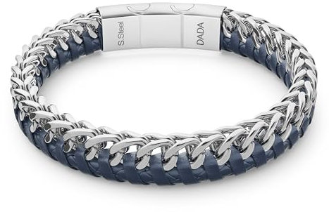 Dada Gioielli - Bracciale Uomo Acciaio Inox e Vera Pelle Impermeabile Blu, Nero o Marrone, Idea Regalo Compleanno lunghezza regolabile (Blu)