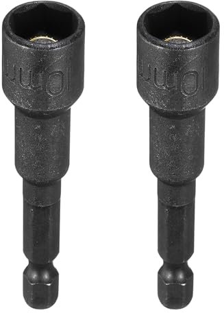 sourcing map 2pcs Magnetic Nut Driver 10mm Hex Drive Socket CR-V Steel Power Screw Drill Bits Socket Wrench Tools with 1/4 Quick Change Hex Shank for Power Drills Impact Drivers, Black