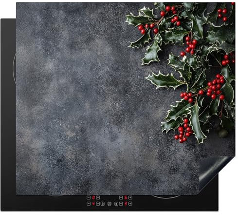 KitchenYeah© Herdabdeckplatte 60x52 cm Einteilig Herdabdeckung Abdeckplatte für Ceranfeld Abdeckung Induktionskochfeld Aufrollbare Matte Weihnachten - Zweige - Winter - Rot