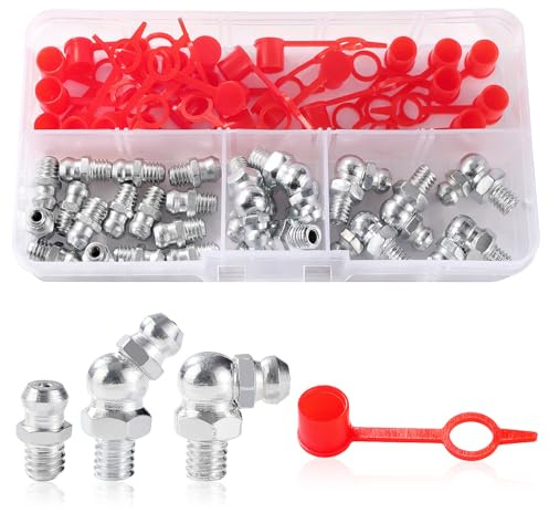 YIXISI 50 Stücke M6 Schmiernippel Sortiment Kit, Gerade 90° 45° Hydraulik Fettnippel Sortiment, Kegelschmiernippel, mit Kunststoff Schmiernippel Staubkappen, für Fettpistolen Mechanische